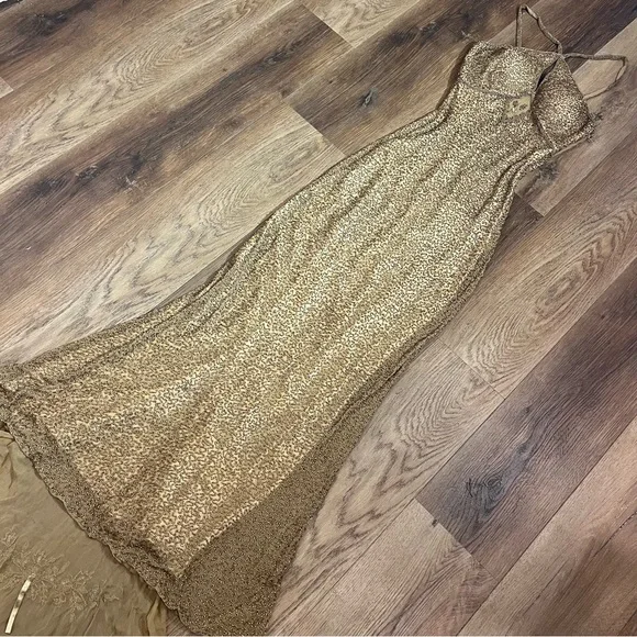 Vintage 100% Silk Beaded Dress Gold Beaded Dress Train Sheer Silk Fairy Prom - Picture 3 of 17